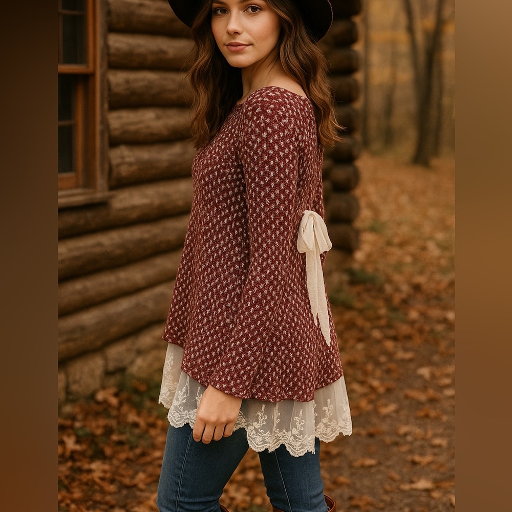 Altar’d State Burgundy Knit Sweater Small Lace Hem Chiffon Bow Back Cottagecore